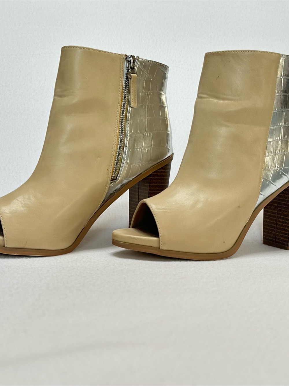 Leila Stone Beige Open-Toe Ankle Booties with Metallic Croc Heel Panel